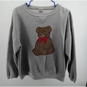 Hanes Her Way Teddy Bear Sweatshirt Gray Crewneck Double Sided Graphic Vintage